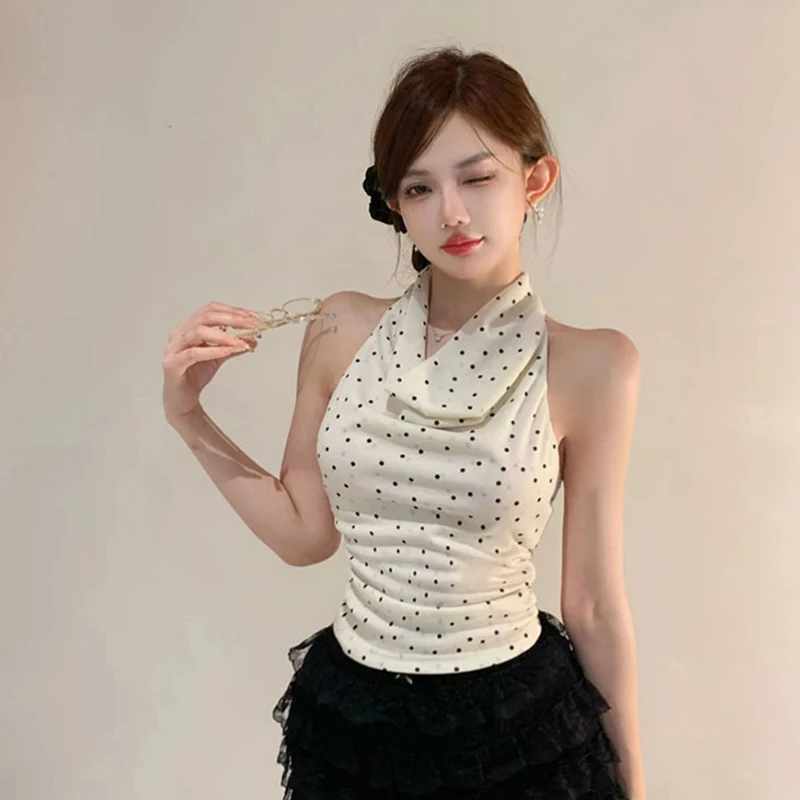 

Жилет с лямкой на шее в горошек, женский летний жилет с открытыми плечами и воротником, сексуальные топы с открытой спиной
