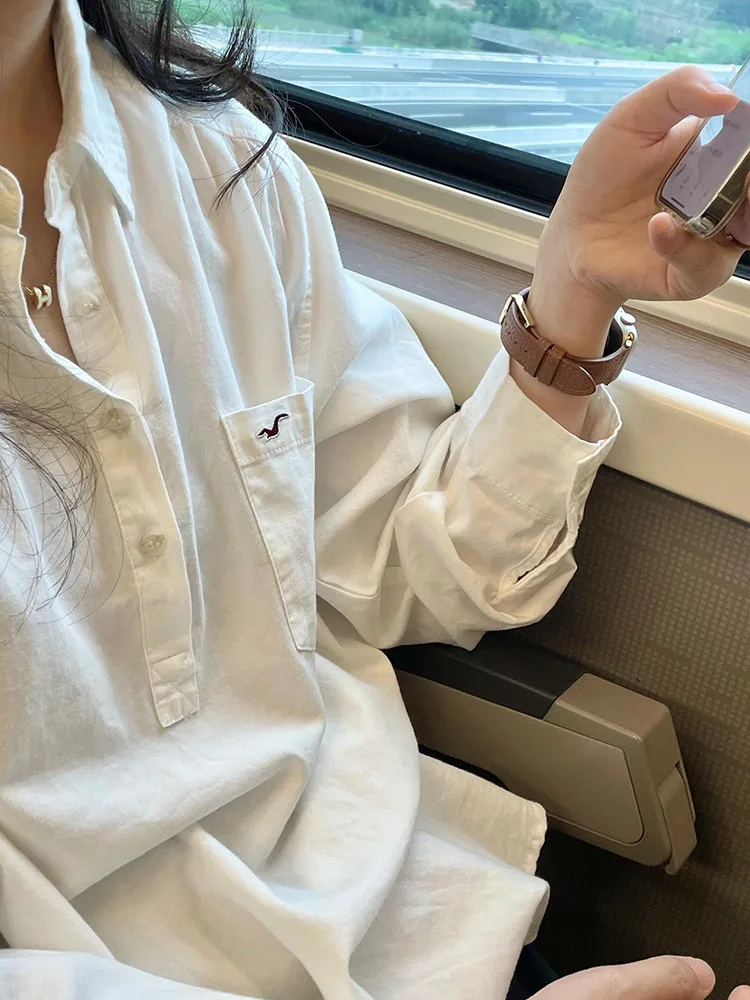 

Белая свободная женская рубашка с длинным рукавом из французского хлопка для весны и осени, модная, высокого качества