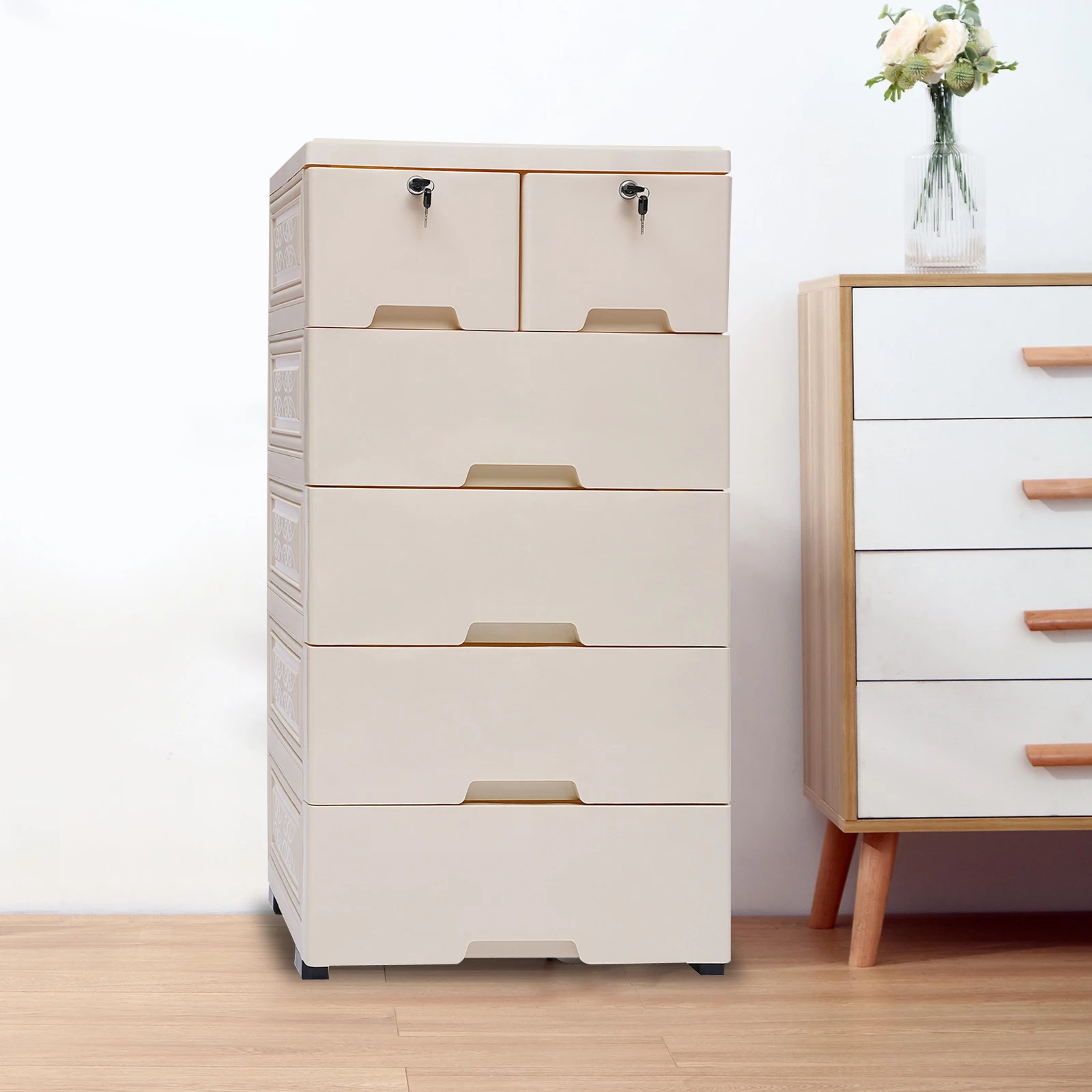

5 Layers Plastic Drawers Dresser, Storage Tower W/ 6 Drawer, Wheels& Locks, Storage Organizer Rack for Bedroom, Living Room