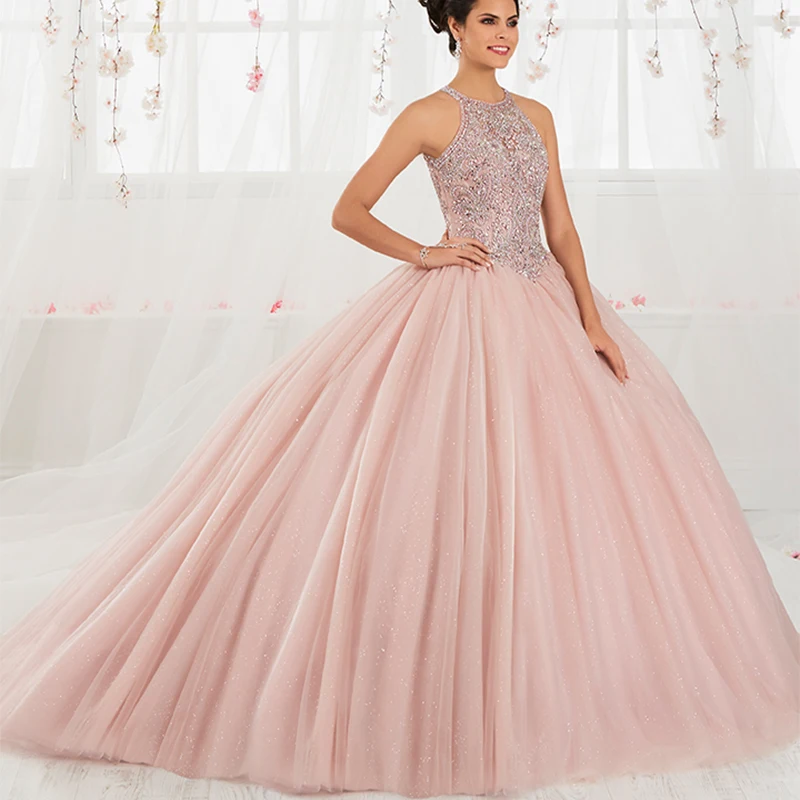 Lorencia-Vestidos de baile frisados com lantejoulas Blush, vestido Quinceanera, baile de aniversário, 15 anos, YQD342