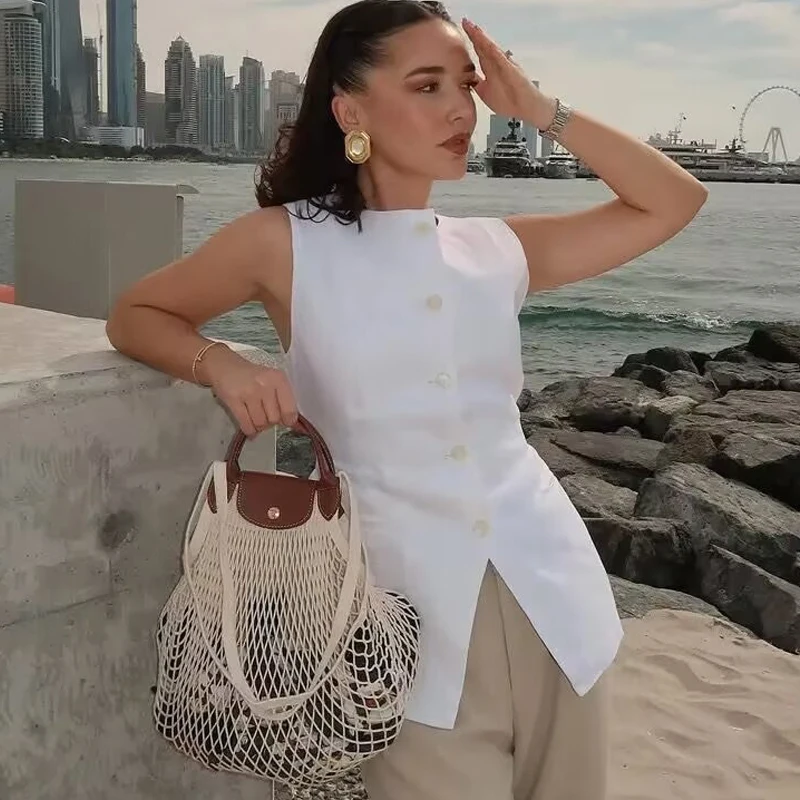 Biała kamizelka Kobieta Biuro Dama Bez rękawów Okrągły dekolt Casual Solidny garnitur Długie kamizelki Streetwear 2025 Nowe letnie kamizelki zapinane na guziki w kolorze czarnym