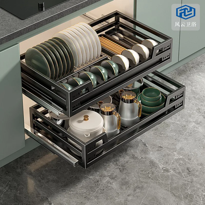 Light luxury basket kitchen cabinet 304 gun gray stainless steel double drawer bowl rack