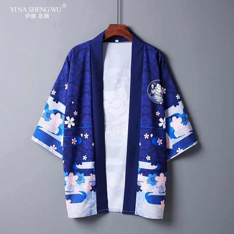 Kimono sweter męski Yukata nadruk kota chiński styl japoński płaszcz samurajski Haori tradycyjne topy Cosplay ubrania lato