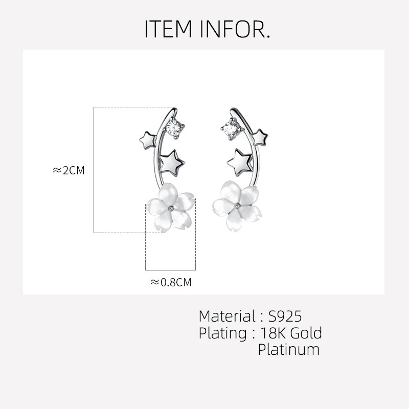 La Monada Womens Earrings Silver 925 Ear Piercing Flower Ziron Five pointed star Silver Stud Earrings Girl Cute Sweet