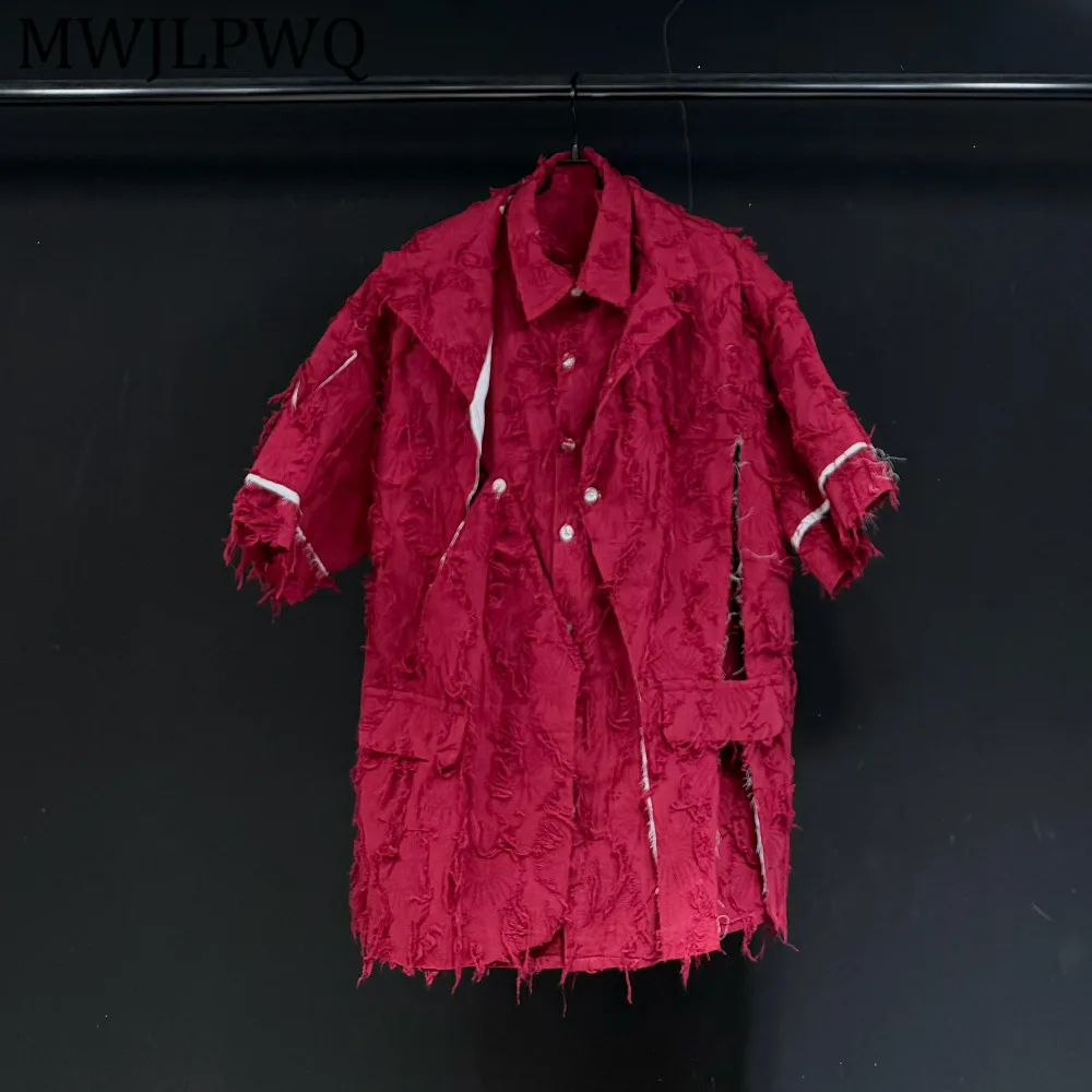 

MWJLPWQ Distressed Red Short-Sleeve Shirt For Men Street Rough Edge Spliced Lapel Loose Fit Handmade Vintage Design Tops 15356