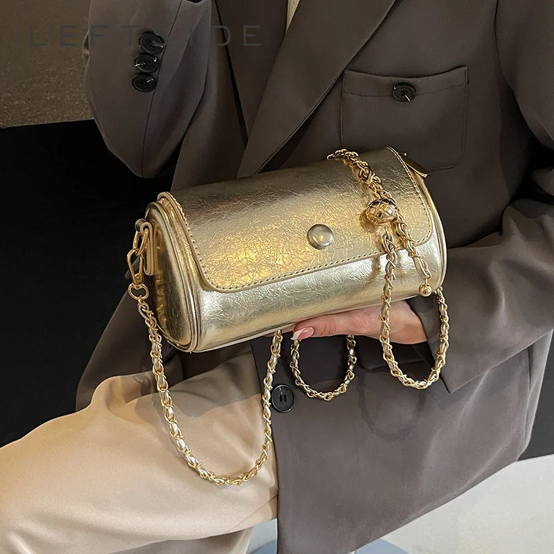 Bolsos cruzados plateados pequeños para mujer, bolso de cubo femenino de diseñador de moda coreana, bolsos y monederos dorados con cadena para mujer 2024