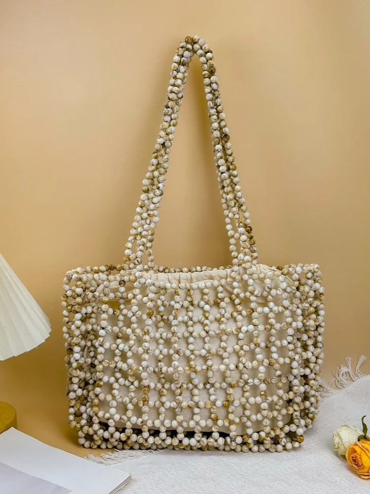 

2026 New Handmade Beaded Acrylic Handbag Women's Double Color Bead Tote Bag Large Capacity Weaving Shoulder Bag