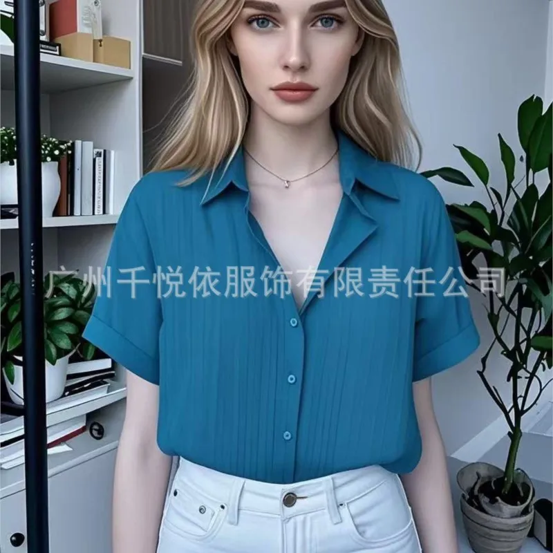 New Korean Fashion Cardigan Top Female Summer Loose Thin Trend Slim Versatile Short Sleeve Lapel Neck Solid Color Women's Shirt