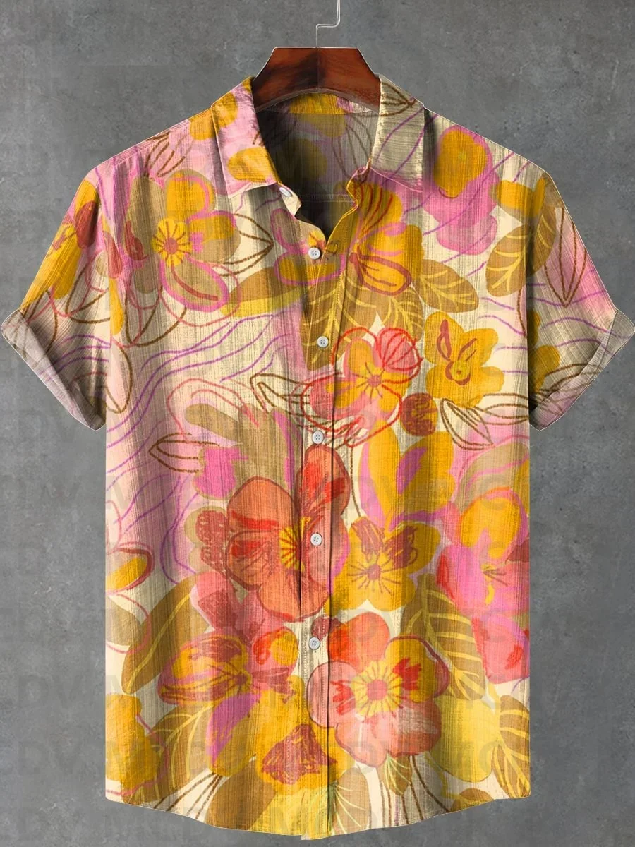 الرجال والنساء الزهور الاستوائية مصنع الفن طباعة طية صدر السترة قميص عارضة ، قمصان هاواي الصيف