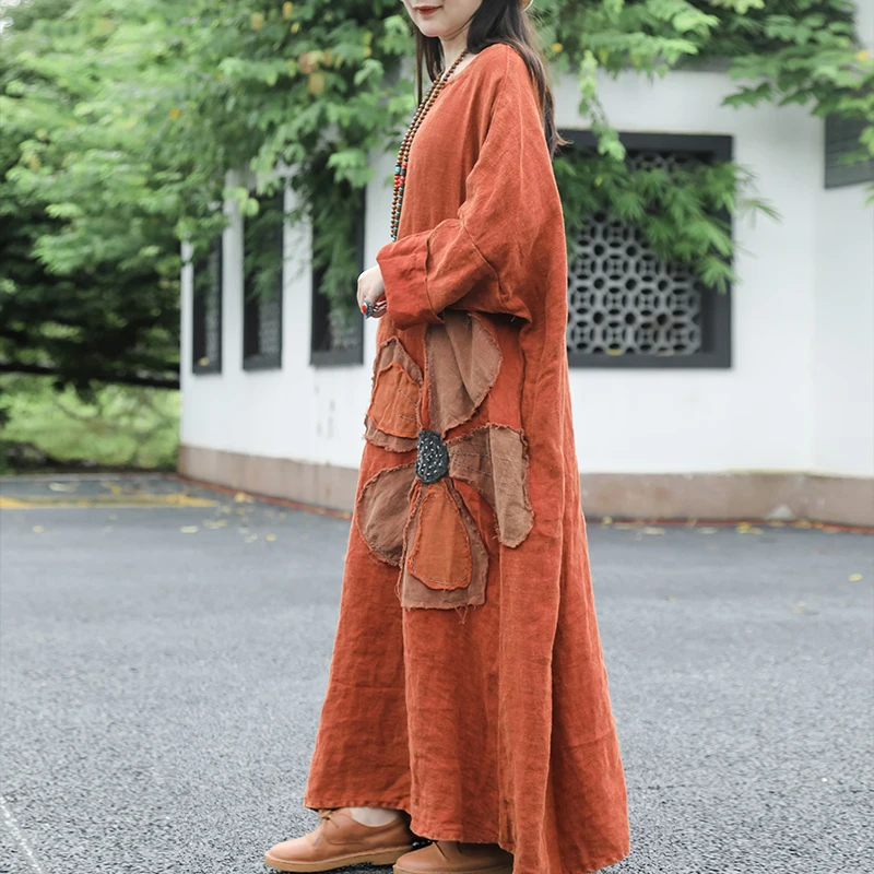 Women\'s Casual Loose Linen V-Neck Maxi Dress Long Sleeve Flowy Boho Dress Drop Shoulder Vintage Flax 2024 Spring Autumn Fash