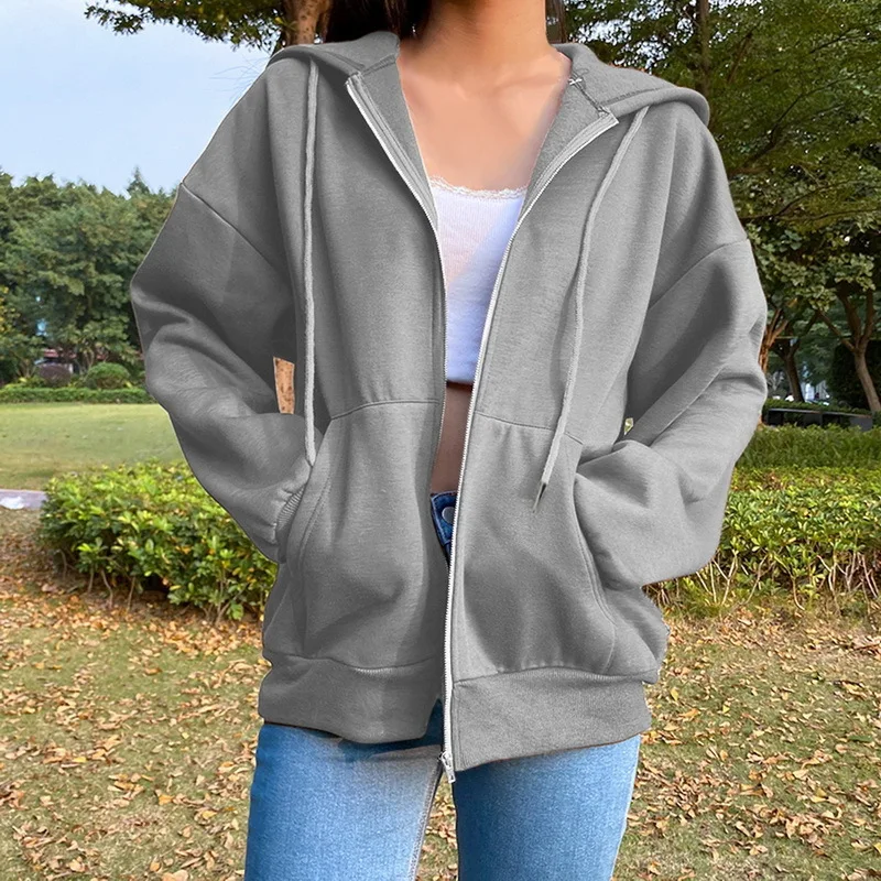 Women Fashion Solid Color Hoodies Elegant Long Sleeve Zipper Drawstring Chic Sweatshirt Casual Communte Holiday Pocket Hooded