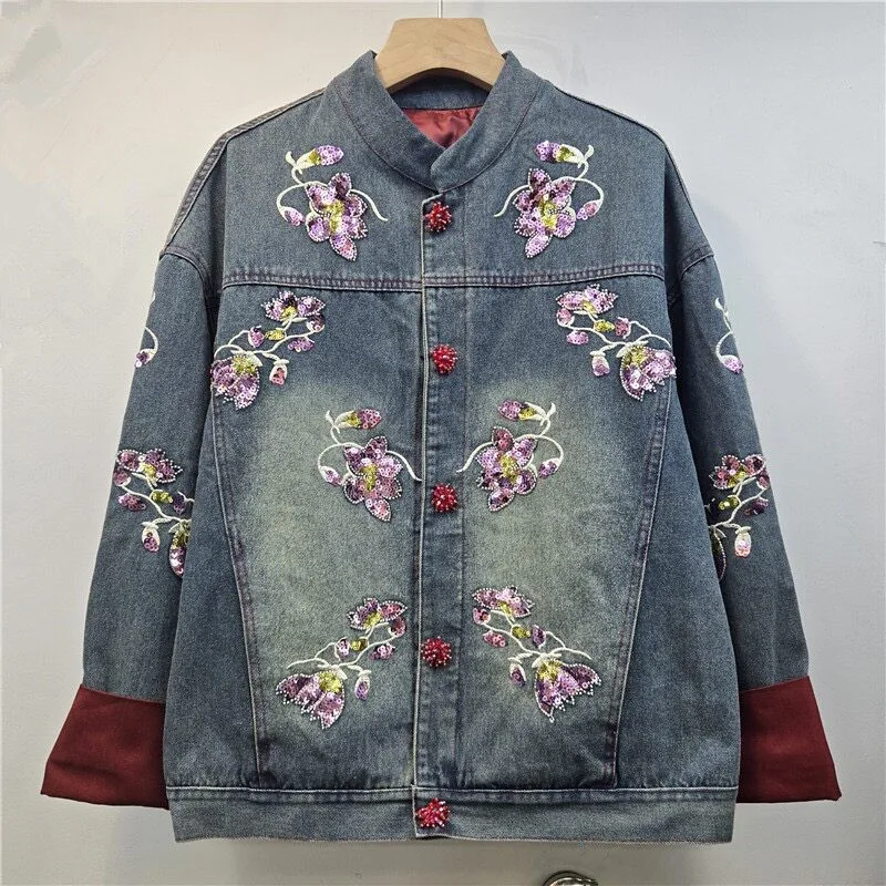 Heavy Work Sequins Flower Embroidery Contrast Color Denim Jacket Blue Black Casual Stand Collar Long Sleeve Jeans Jacket Coat