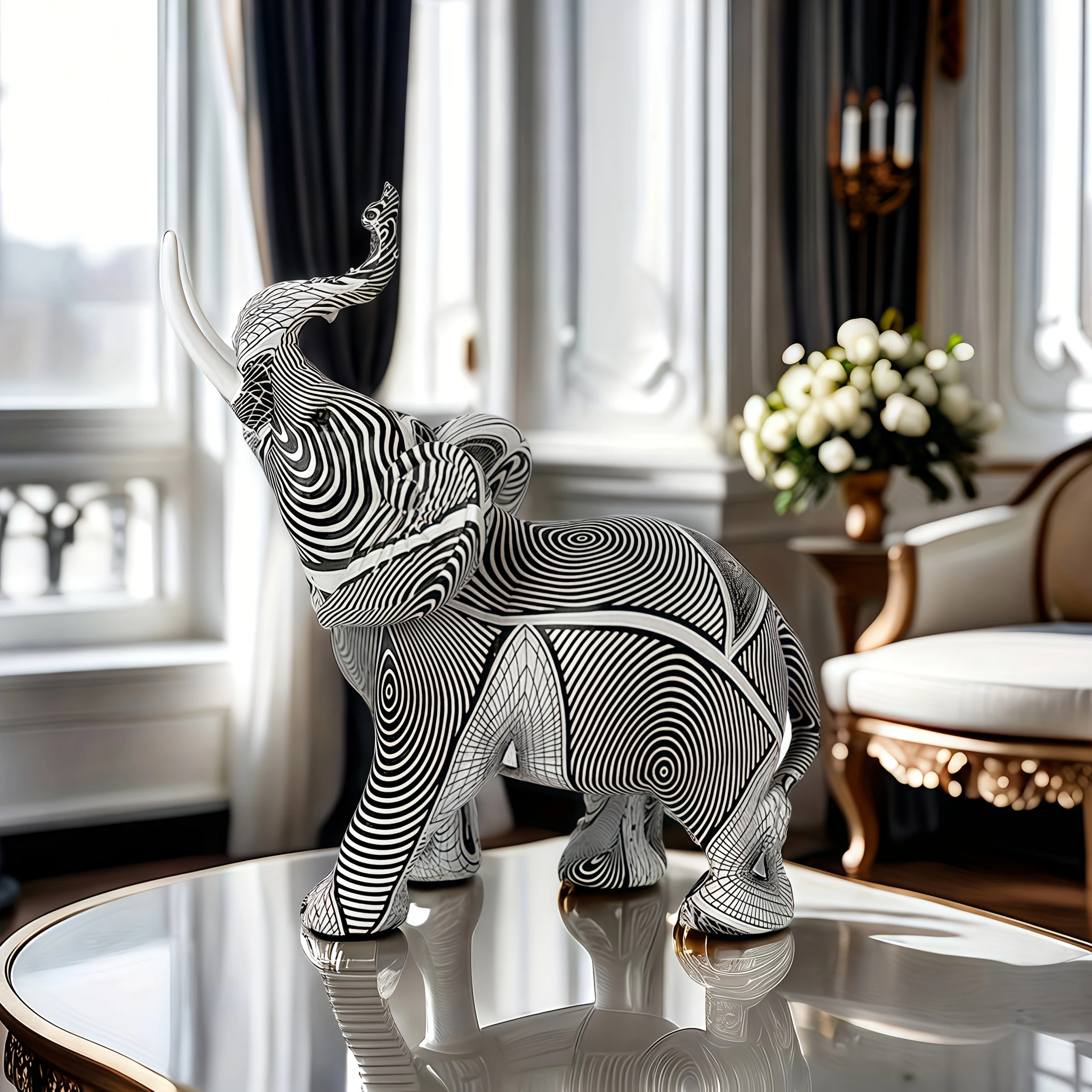 Modern Minimalist Black & White Striped Elephant Resin Statue Chic Art Figurine for Living Room