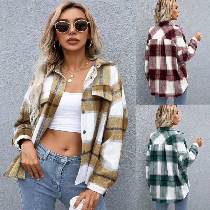 

Autumn Faion Plaid Print Women's irt Coat Casual Tops Thiened Long Sve Straight Cut Other 00% Material Button Detail