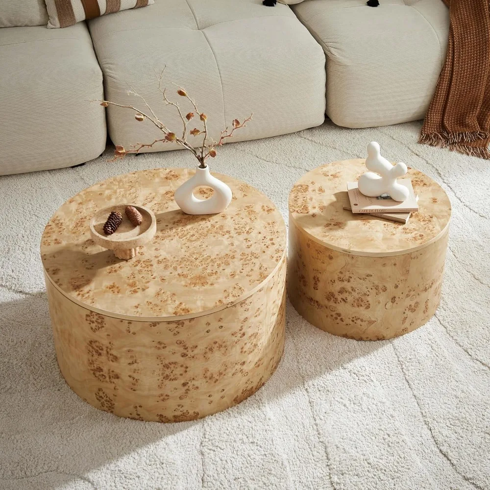 Juego de 2 mesas de centro anidadas modernas con acabado en madera Burl y patas ajustables