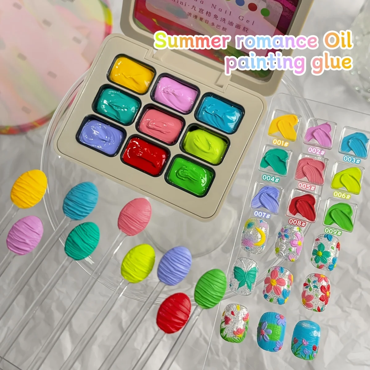 9-kleuren zomerromantiek olieverfschilderij lijm dopamine kleurpakken, duurzame vaste gelolie, hoogglans meerkleurige vaste gelolie,