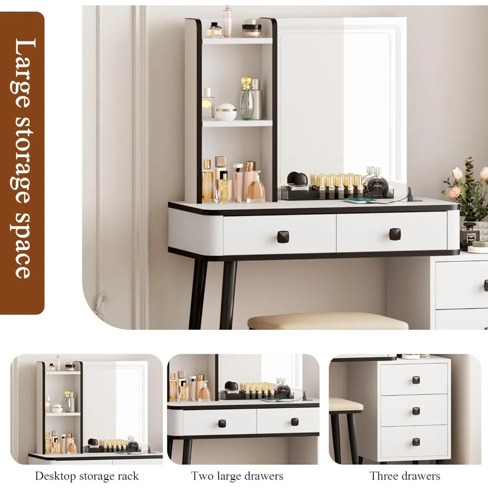 مجموعة مكتب Soges Vanity، مرآة وأضواء LED للمكياج المدمج، مقعد مبطن، طاولة تزيين مع خزانة تخزين، Stora #6