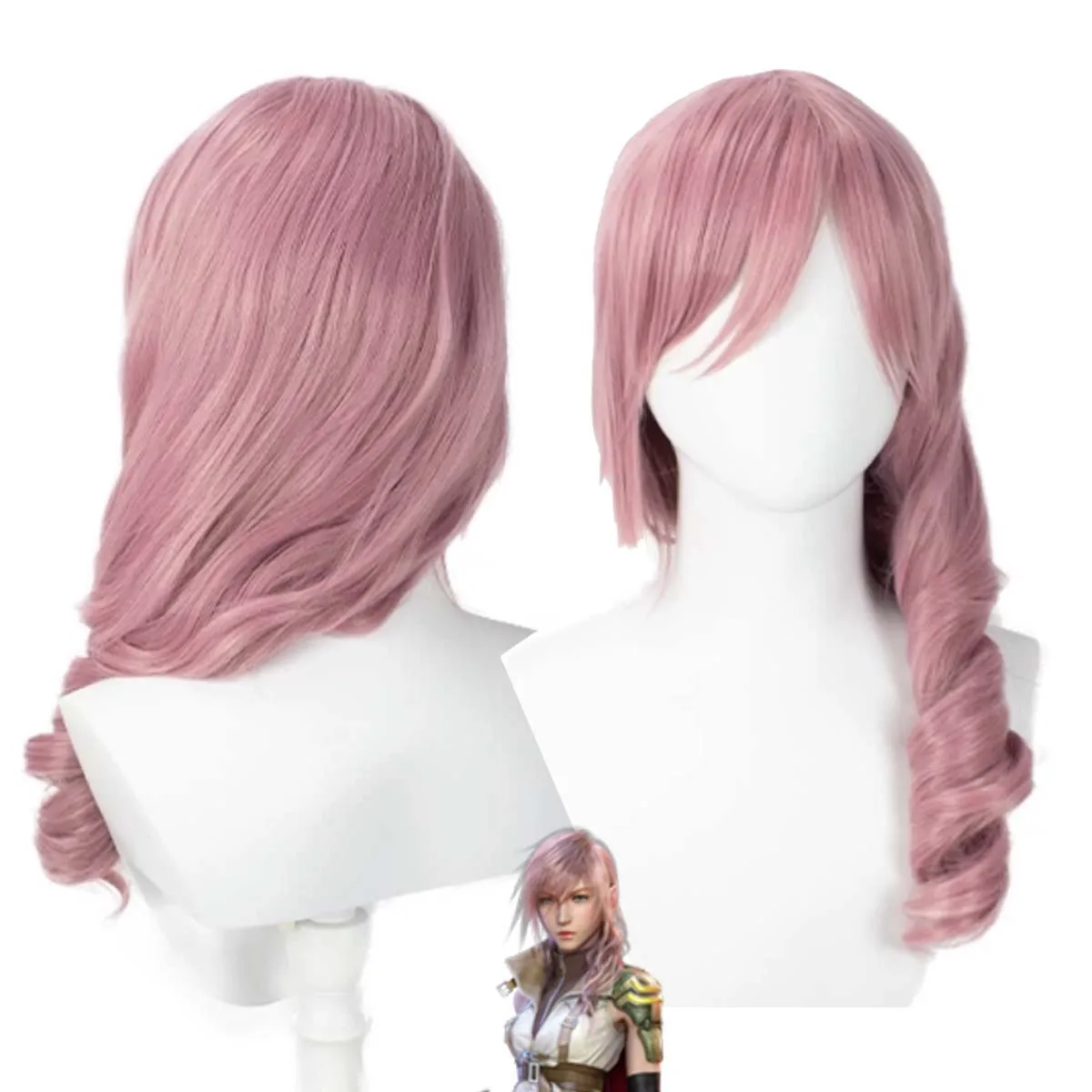 

Women Game Lightning Eclair Farron Cosplay Long Pink Curly Heat Resistant Hair Wig