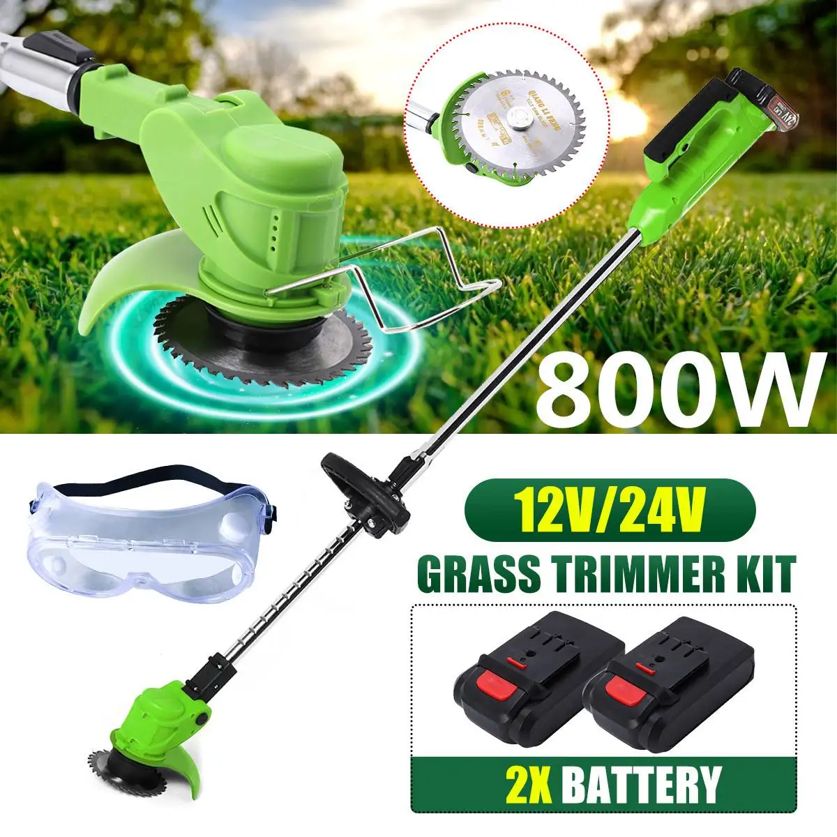 800W 12V 24V Electric Lawn Mower Rechargeable Li-ion Cordless Grass Trimmer Weeder Grass Pruning Garden Tools With 2Pcs Battery