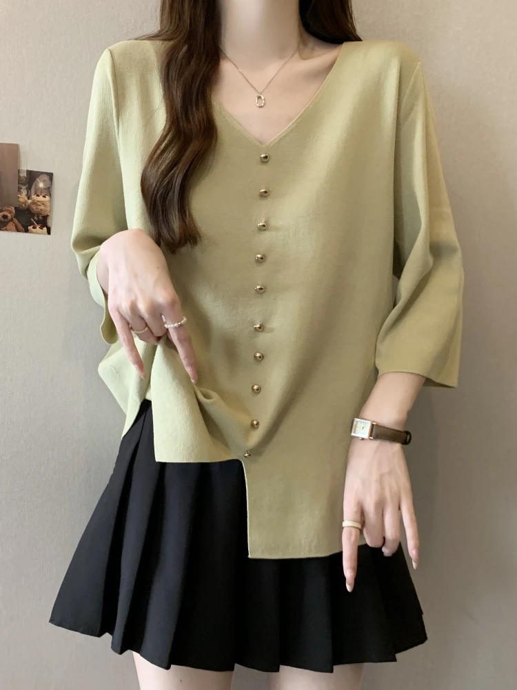 

Slimming V-Neck Ice Silk Knitted Top Women's Summer Fashion plus Size Short Sleeve T-Shirt Comfortable Breathable Korean Style