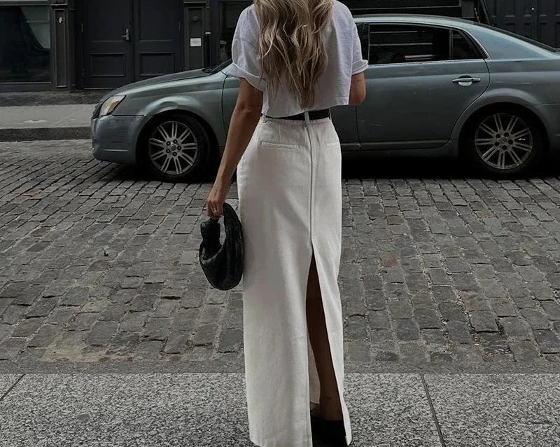 

High waisted slit spicy girl white half skirt summer new street fashion versatile long skirt