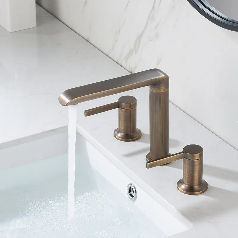 Luxury Style European Three-Hole Basin Faucet Set in Copper for Hot and Cold Water