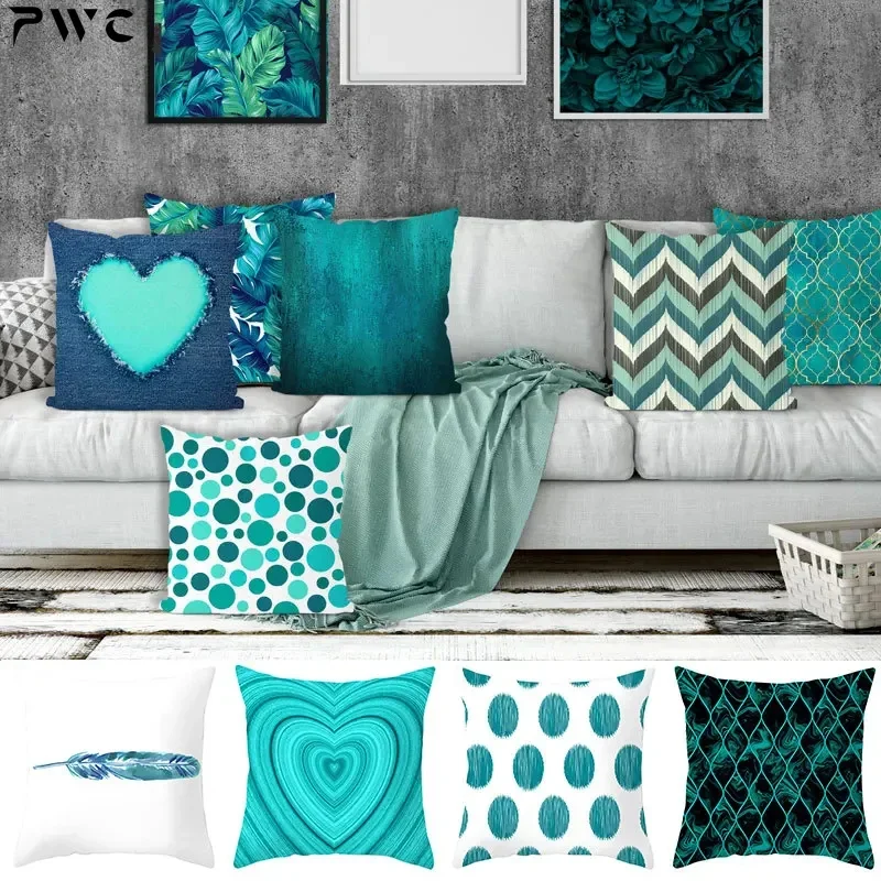 Teal Cushion Cover Leaf Feather Geometric Heart Sofa Pillowcase Bedroom Home Decor Office Decor Accessories 50x50cm45x45