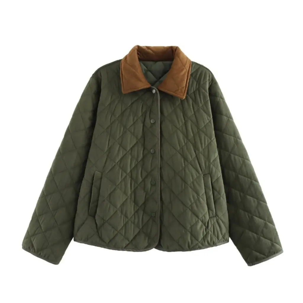 

Winter Women's Retro Suede Quilted Rhombic Cardigan Lapel Long Sleeve Cotton-padded Jacket Dark Button European American Style