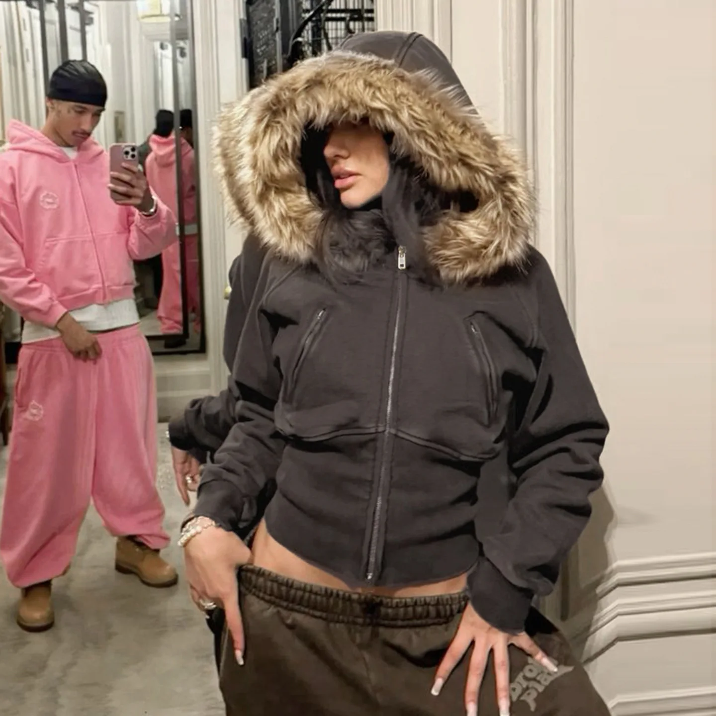 

Новинка 2023 года, осенне-зимние куртки с капюшоном, модные женские тонкие куртки с длинным рукавом Y2K на молнии, винтажные пальто, уличная флисовая верхняя одежда с карманами