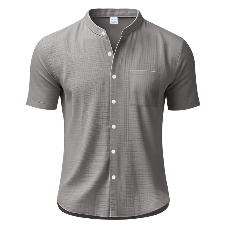 

26 European and American men's summer linen cardigan solid color sports stand up collar beach short sleeved men's shirt