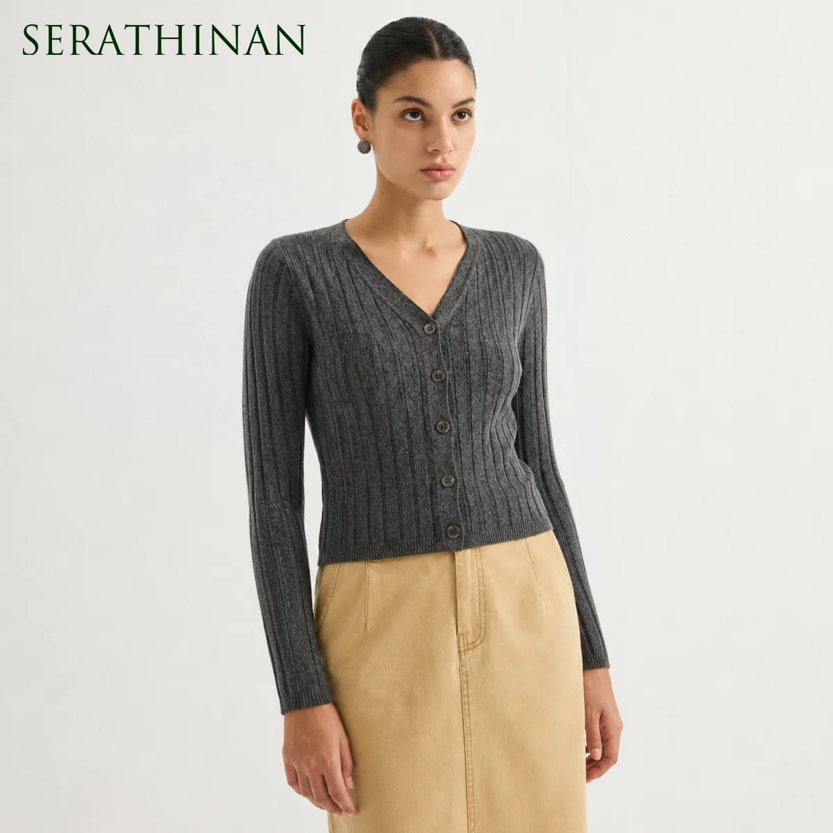 MZ62018 Women's Elegant Ribbed Knit V-Neck Long Sleeve Cardigan Button Front Slim Fit Modal Blend Early Autumn Sweater