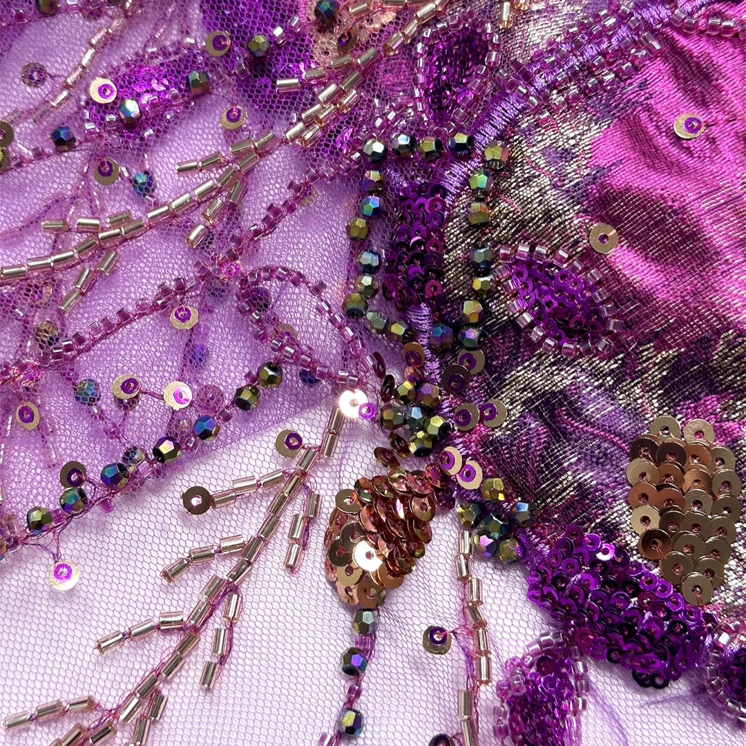 

African Jacquard Fabric Sequins Tube Beads Botanical Embroidery French Tulle Mesh Lace For Party Wedding Dress Sewing 5 Yards