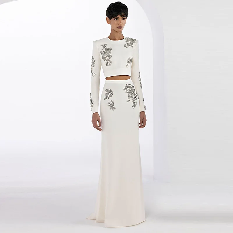 European American fashion heavy-duty beaded rhinestone short top long skirt two-piece set blazer femmes pant sets traf