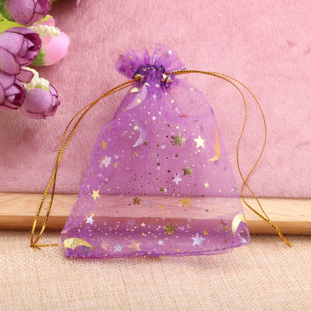 25/50 stücke 7x9/9x12/10x15/13x18cm Stern Mond Organza Geschenk beutel Mini Beutel Gold Farbe Kordel zug Tasche Schmuck Verpackung Beutel