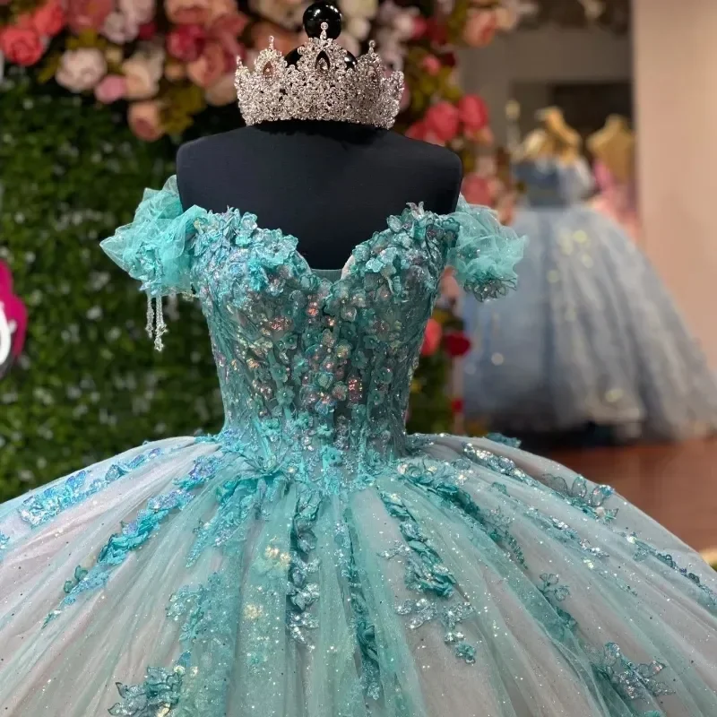 Customized  Water Blue Shiny Quinceanera Dresses  Party  Applique Lace Beads Tull Princess Sweet 16 Dress Vestidos De 15 Anos