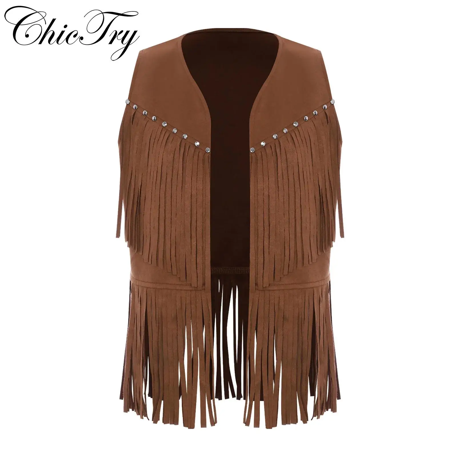 

Western Cowboy Costume Boys Girls Open Waistcoat Chest Decorative Stud and Tassels Sleeveless Vest for Halloween Carnival Party