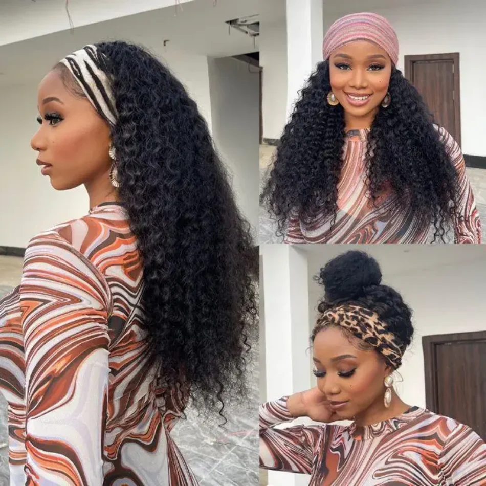 Headband Deep Wave Synthetic Wig 24 Inches Deep Wave Wigs for Women with Half Head Wig Attached Synthetic Wigs Drawstring Natural Black Half  Machine Wigs