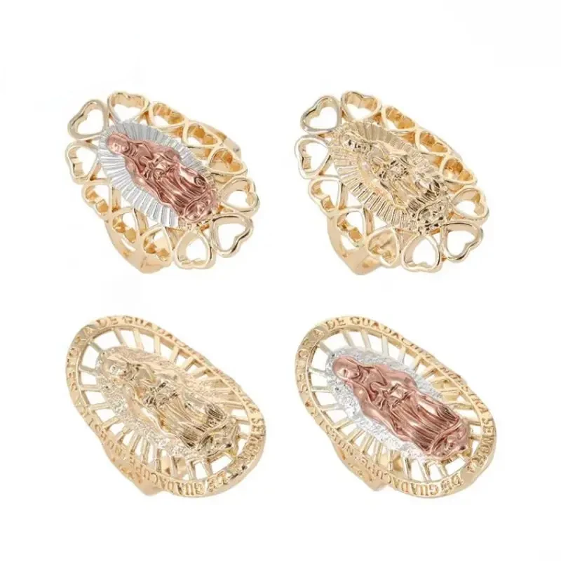 

Luck Latest Design Fashion Religious Jewelry Ring Oro Laminado Gold Plated 14k Virgen Guadalupe Tri Color Ring Women Gift Party