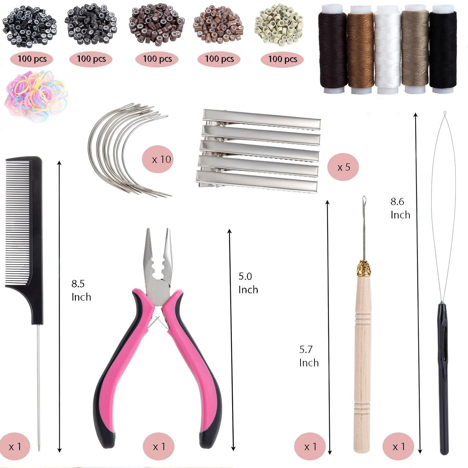Hair Extension Toolkit Collection, 500Silicone Lined Ring Beads, Plier&Threader&Crochet Hook&Curved Hair Needle& Hair Clips