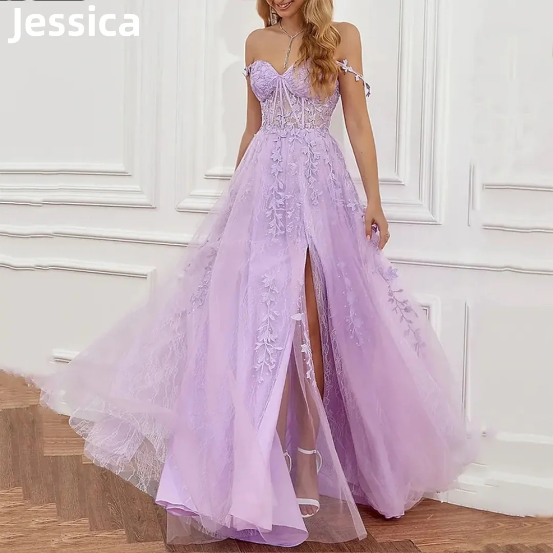 

Jessica Embroidery Appliqué Prom Dresses Tulle Purple Evening Dress Fairy A-line Ball Gown Wedding Party Dresses فساتين السهرة