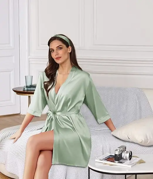 Sexy Silk Satin Night Kimono Robe Short Bathrobe Perfect Wedding Bridesmaid Bride Robes Solid Dressing Gown For Women