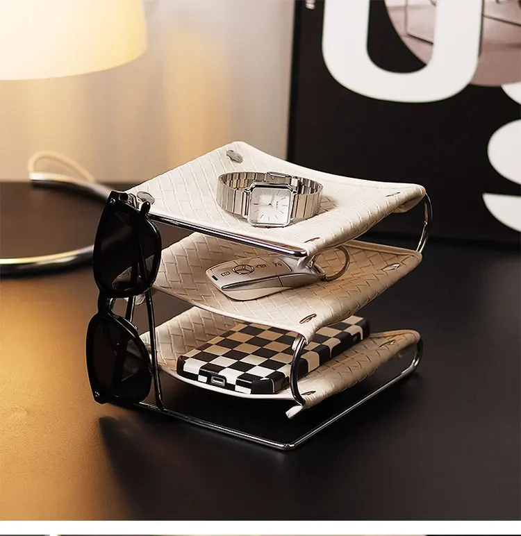 

Nordic Iron Desktop Storage Box Multi-layer Leather Iron Rack Tray Entrance Key Storage Rack Photo Ornaments Props