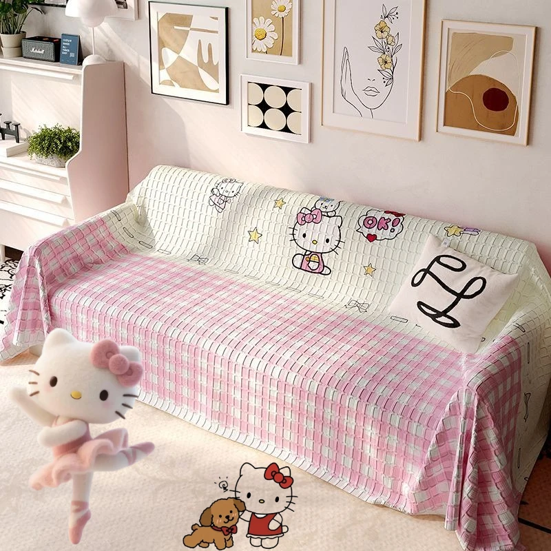

Sanrio Hello Kitty cartoon cute pink checkered sofa cover Kawaii home decoration suitable for all seasons blanket cushion gift