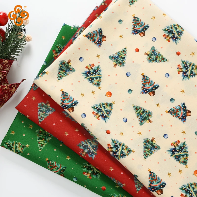 0.5 m/1 m/2 m คริสต์มาสผ้าสีแดงและสีเขียวต้นคริสต์มาสพิมพ์ตกแต่งวันหยุด DIY เย็บกระเป๋าผ้าปูโต๊ะผ้าม่านวัสดุ