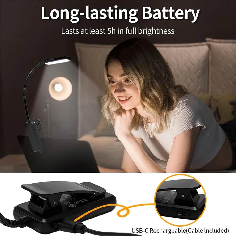 Rechargeable LED Clip-on Reading Light Adjustable Flexible Arm,3 Color Light for Nighttime Reading, Studying, Bedside Desk Work image 5