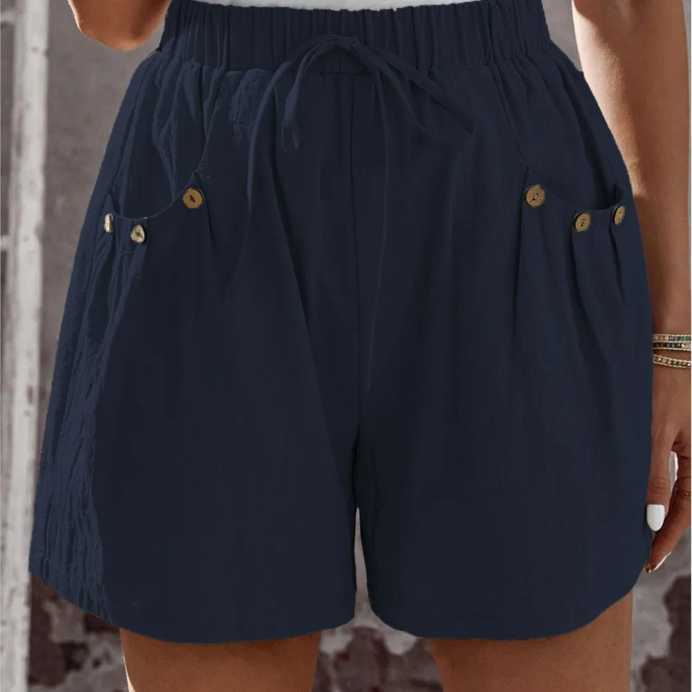2025 novo estilo de verão feminino casual solto shorts bolso viajando all-match estilo simples quente na moda botão cor sólida moda