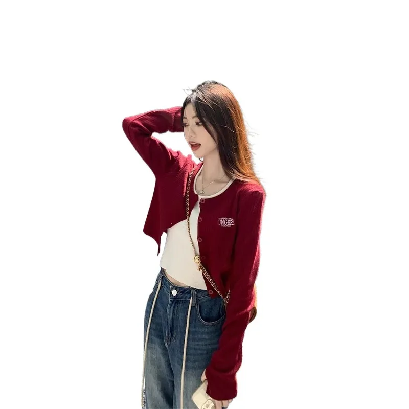 النمط الأمريكي حار كم طويل محبوك سترة مفتوحة سترة الخريف إلكتروني التطريز ملابس خارجية قصيرة أعلى جودة TikTok تاوباو #5