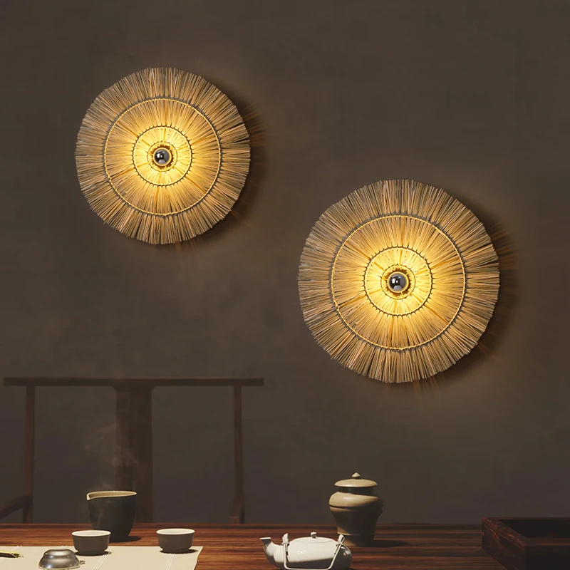 Southeast Asian handmade woven wall sconce retro bedside lamp restaurant balcony corridor round interior decorative wall lamp