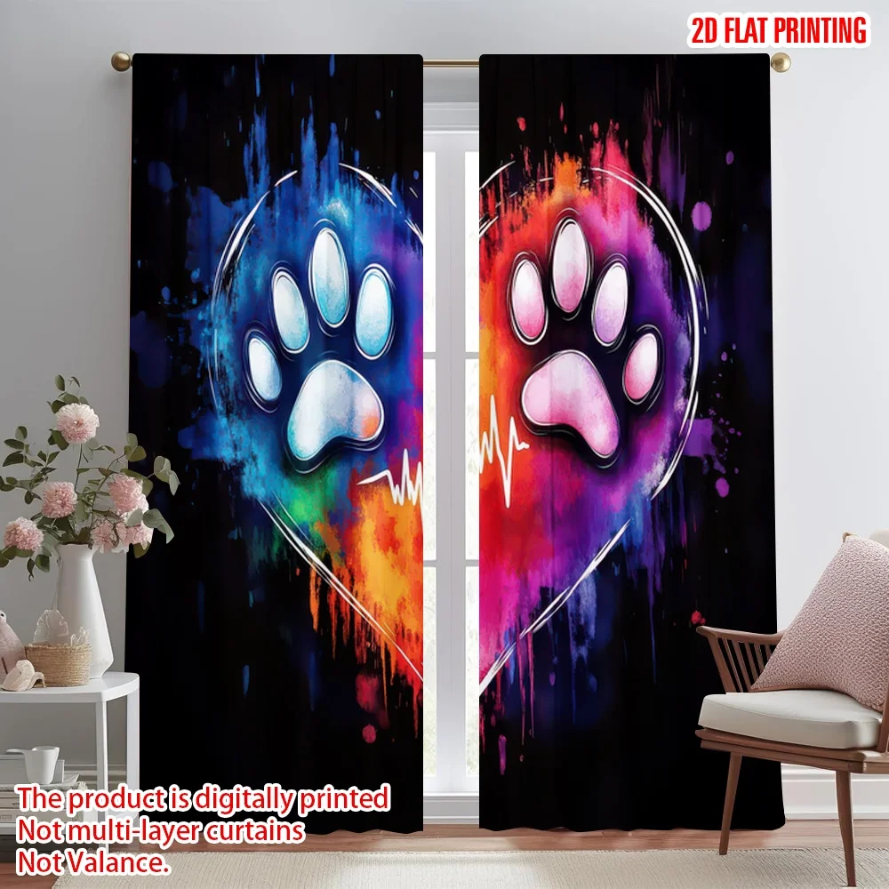 

2D flat printing 2pcs Curtain Colorful Heartbeat Paws Digital Printed Polyester Drapes All Season Party & Holiday Decor Perfect