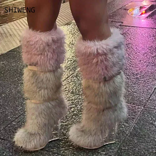 2026 Colorblock Fur Wedge Boots Women Sweet Belt Buckle Below The Knee Snow Boots Cool Girls Winter Punk Round Toe Shoes 43